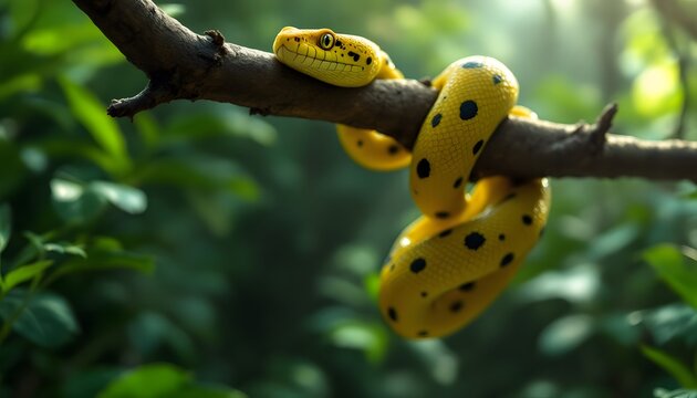 Captivating Yellow Python Wrapped on a Branch Amidst Lush Greenery