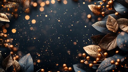 Black background adorned with golden glitter and glowing fairy lights for glamorous party invitations or celebratory messages