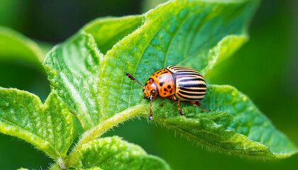 Striking close-up of a Colorado potato beetle on a vibrant green leaf.  Ideal for agricultural, scientific, or environmental publications, websites, and educational materials.