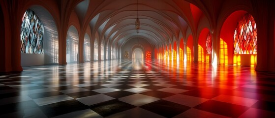 Obraz premium Grand Hallway with Checkerboard Floor Stained Glass Windows and Warm Light