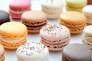 Fototapeta premium Delicious macarons and colorful sweets showcase dessert table food photography bright environment closeup view captivating concept