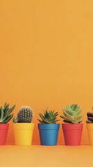 Fototapeta premium Succulents in various colorful pots are beautifully displayed against a striking orange backdrop, adding a vibrant touch to indoor spaces