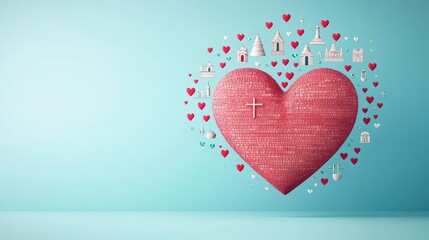 3D heart surrounded by temples, churches, and spiritual landmarks