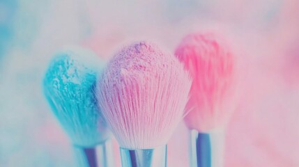 Brightly colored makeup brushes burst with powder in a playful atmosphere, enhancing a charming cake display at a creative event