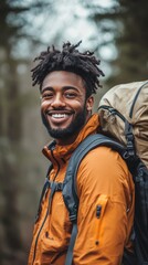 Naklejka premium Young man smiles while walking through a busy urban street filled with people during the evening