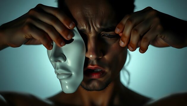 Man Revealing True Self Behind Mask, Exploring Identity and Inner Feelings, Conceptual Metaphor for Authenticity and Self-Discovery