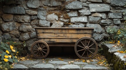 Obraz premium Rustic wooden bench against a weathered stone wall in an outdoor setting