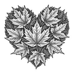 overlapping maple leaves forming a heart shape, evoking autumnal themes and natural charm sketch engraving generative ai vector illustration. Scratch board imitation. Black and white image.