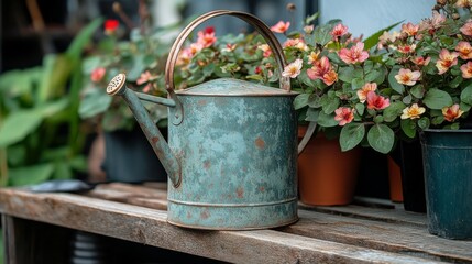Watering can on wooden shelf amid potted plants in greenhouse