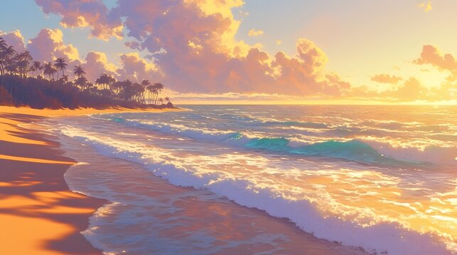 The golden hour on a tropical beach, where the calm waves kiss the sandy shore and the vibrant sky fades into soft pastels. This tranquil scene captures the essence of a peaceful vacation destination.