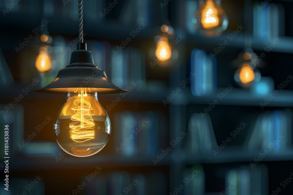 Aufkleber glowing light bulb hanging in a library, illuminating bookshelves, creating a warm and inviting atmo