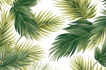 A seamless pattern of tropical green palm leaves on a white background