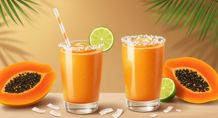 Fototapeta premium Refreshing tropical papaya smoothie with lime and coconut on a wooden table