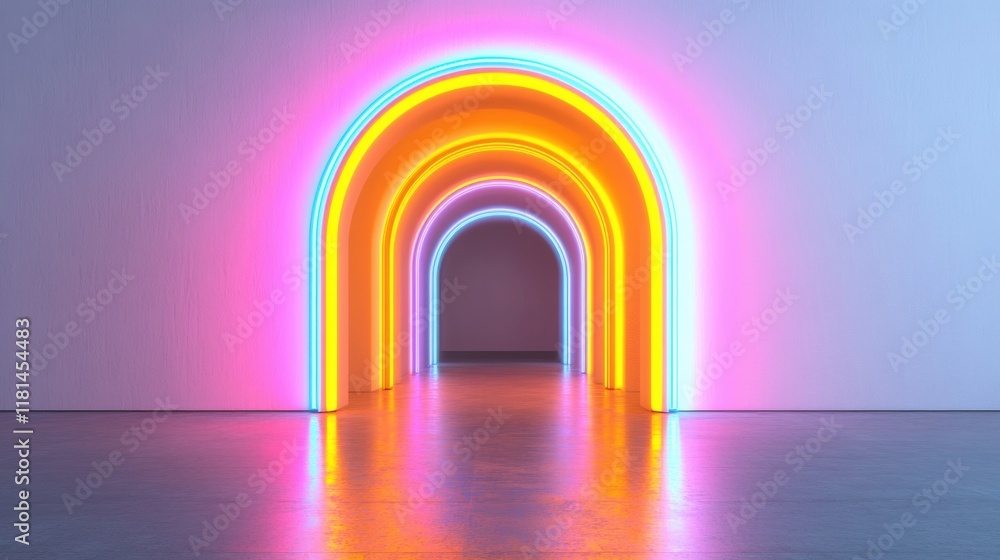 Poster glowing neon arches illuminate a futuristic tunnel, creating an inviting atmosphere through bright c