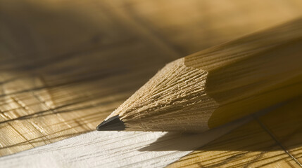 Close-up of a sharpened pencil on textured wood surface, artistic focus and natural lighting