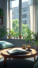 Obraz premium Cozy Reading Nook in a Mental Health Sanctuary with Sunlit Plants