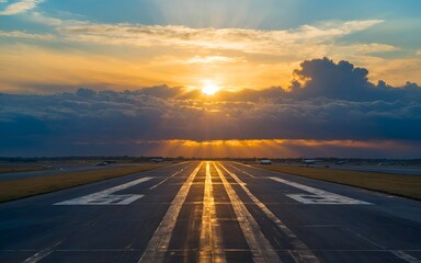 runway at airport stretches out like a gleaming ribbon, basking in golden hues of a radiant sunrise, with sky painted in a gradient of blue and yellow, as fluffy cumulus clouds drift lazily by, offeri