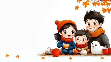 Naklejka premium Family enjoying autumn picnic with warm drinks and snacks, surrounded by leaves