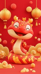 Naklejka premium Cheerful Baby Snake: Glossy Scales & Gold Motifs