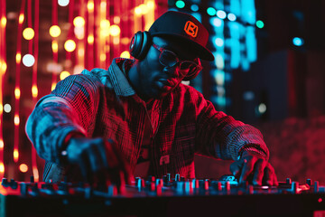 Hip-hop DJ mixing tracks on a modern DJ controller at a nightclub, neon lights reflecting on his headphones.