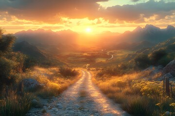 Obraz premium Golden Sunset Over Serene Mountain Path Nature's Tranquil Beauty for Wall Art or Posters