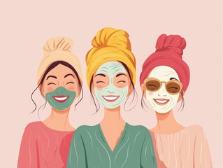 Joyful self care routine with friends enjoying face masks and turbans