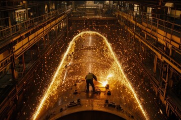Worker Welding Large Tank with Sparks Flying