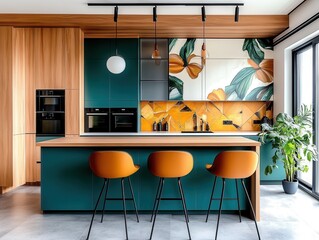 Eclectic Japanese-inspired kitchen with teal cabinets and bold art