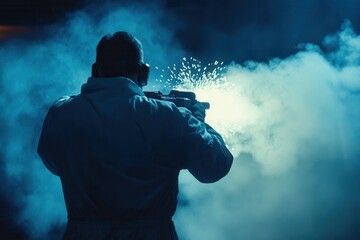 Worker Using Cutting Torch in Dark Environment
