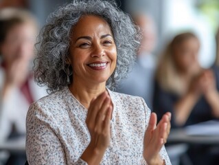 Joyful applause at business conference with diverse audience and corporate setting