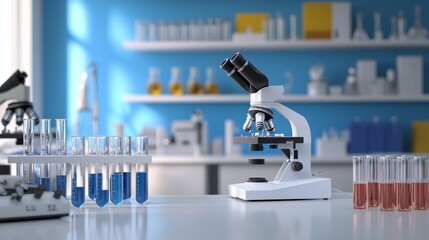 Laboratory Microscope and Test Tubes on Science Workbench