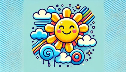 Fototapeta premium Happy Sun with Clouds and Colorful Patterns - Playful Art