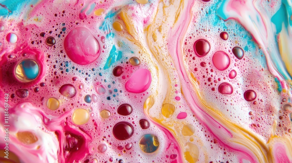 Poster vivid bubbles float in swirling colors, creating an abstract design with pinks, blues, and yellows t