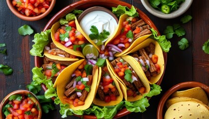 Colorful Plate of Flautas with Fresh Toppings and Dipping Sauce in Mexico Style