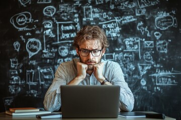 Man working intently on a laptop in a cozy, softly lit room during the evening hours