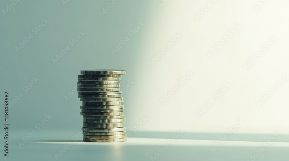 Poster precarious stack of coins stands on a reflective surface, symbolizing the delicate balance of invest