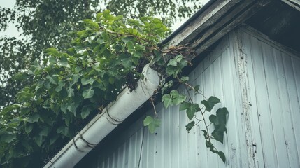 A white residential building with a white gutter and pipe showing a blocked downspout and plant growing in metal gutters, highlighting the need for regular maintenance to prevent water damage