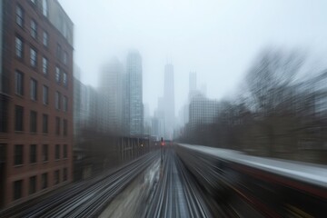Fototapeta premium Train in Motion Through Urban Cityscape with Blur