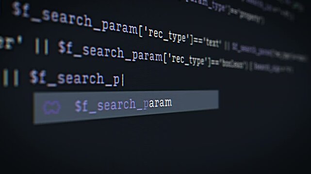 Programming Language Code Sequence in a Development Environment with DevOps Tools. Close Up Computer Screen with Software Developer Coding Algorithm and Script Structure on a Black Background