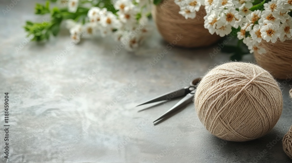Poster crafting with yarn and flowers on a rustic table with scissors in a creative workspace