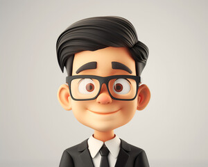 3D Cartoon Character Illustration of a Young Professional with Glasses and Suit, Perfect for Business Presentations and Marketing Materials