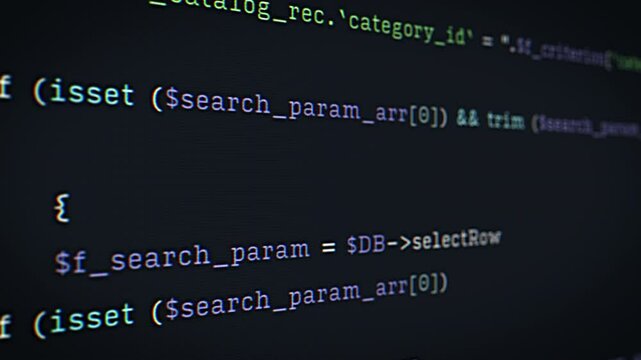 Programmer Working on a Software Code. Close Up of a Computer Screen with Developer Writing Source Code for an Advanced Online Application, Internet Service, Artificial Intelligence Model