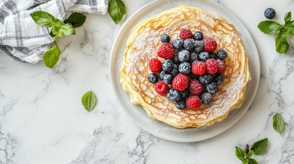 Delicious crepe dessert with berries on marble. Food blog, recipe.