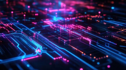 Abstract Futuristic Circuit Board: Neon Pink and Blue Digital Network