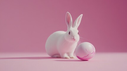 Obraz premium Easter Bunny on a pink background with a colorful painted egg, symbolizing the celebration of Easter, spring, and holiday traditions with vibrant colors and festive atmosphere