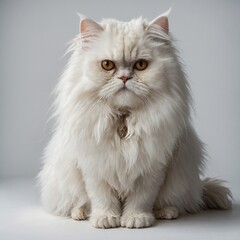 A fluffy white Persian cat with a long tail, sitting gracefully on a white background.