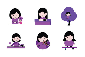 Cartoon Character Icon Set Girl in Various Activities Vector, Line Art, Silhouette, and Clipart