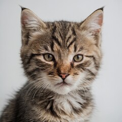 Obraz premium A soft tabby kitten with delicate fur, relaxed on a pristine white background.