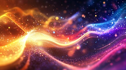 Vibrant abstract wave of colors with shimmering particles in a cosmic atmosphere.