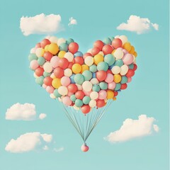 Fototapeta premium Heart Shaped Balloon Cluster Soaring Through A Sky